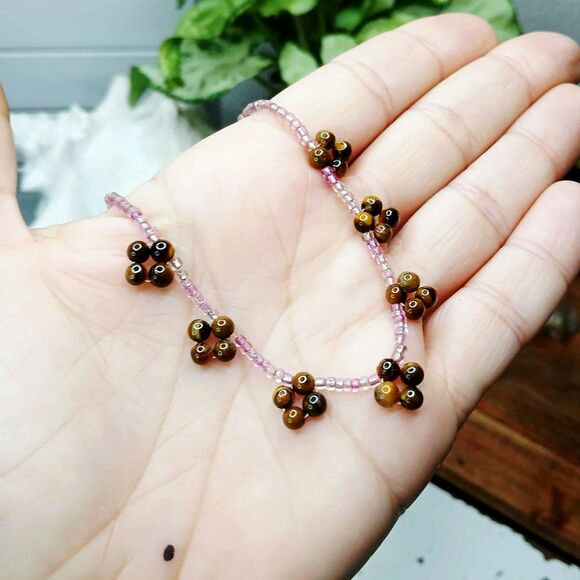 Dainty Tigers Eye Gemstone Beaded Flower Choker, 13" - Picture 4 of 4